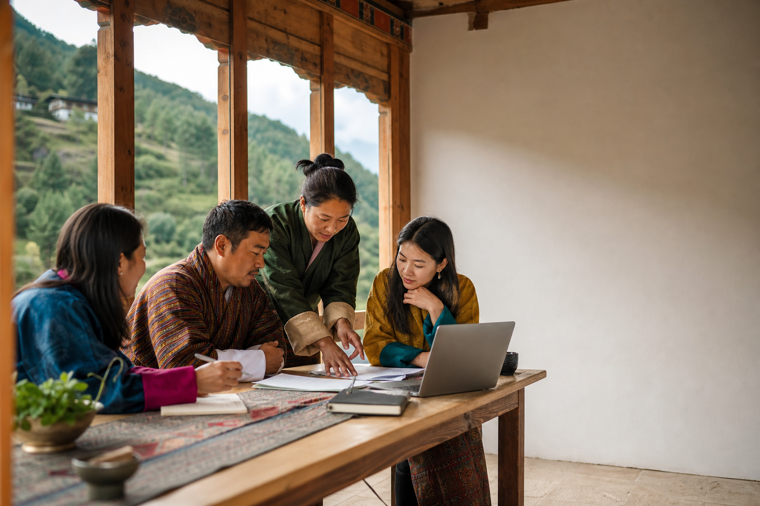 A Bhutanese team collaborating around a table in a timber workspace