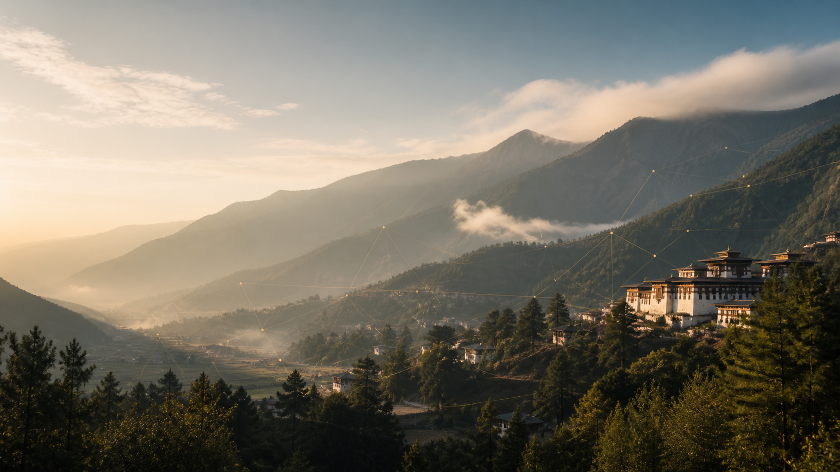 A Bhutanese mountain valley with a subtle network of connected points across the landscape