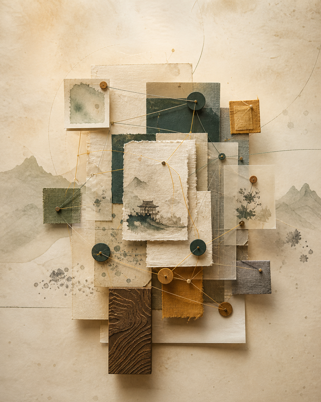 Layered paper, woven material, and connected pins representing organizational memory