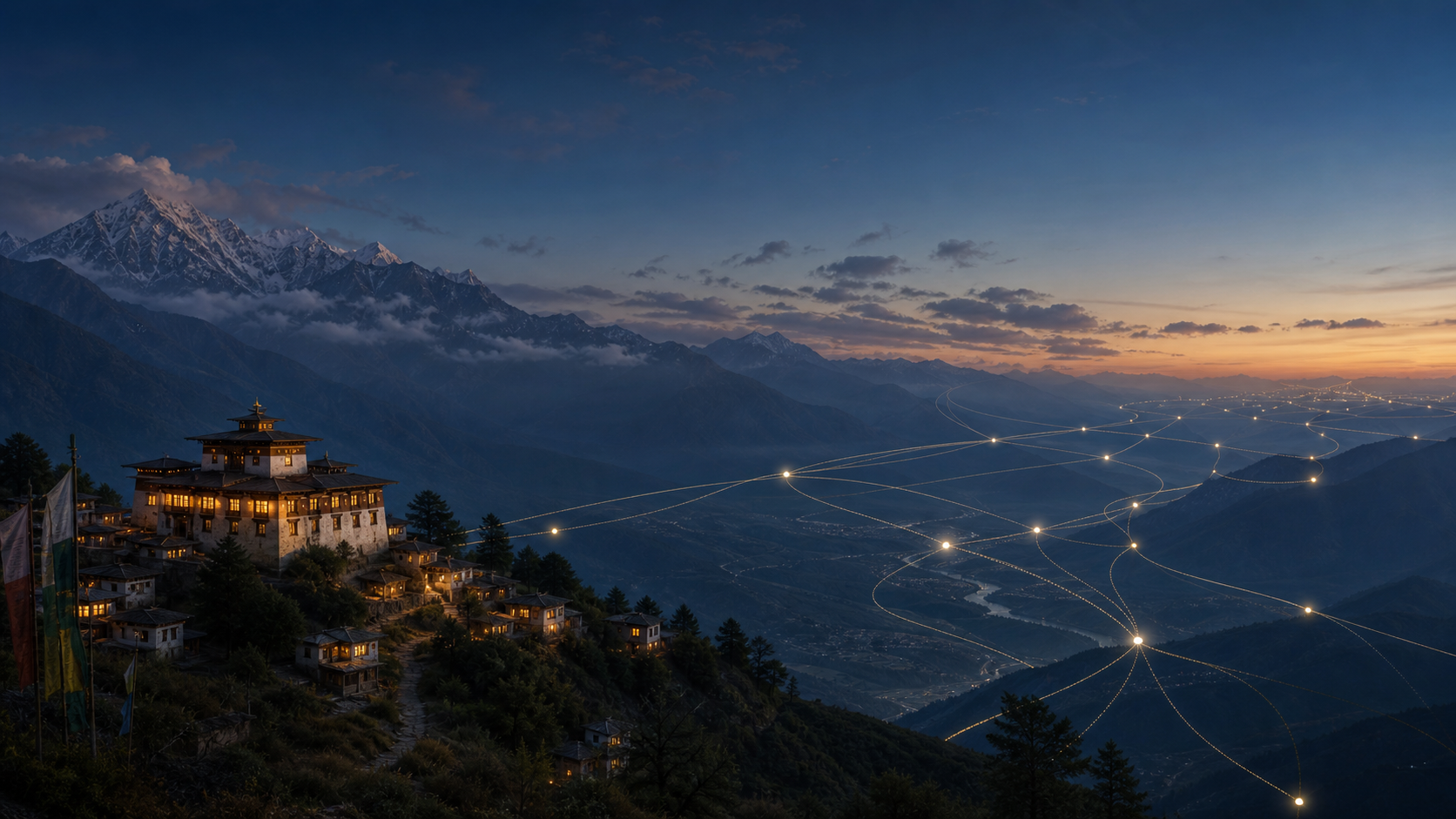 A Bhutanese temple glowing at dusk while subtle lines of connection extend across the valley
